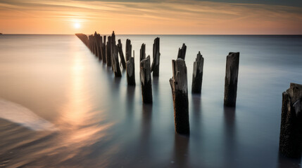 Wood posts in twilight landscape like ethereal sculptures, long exposure shot - Powered by Adobe