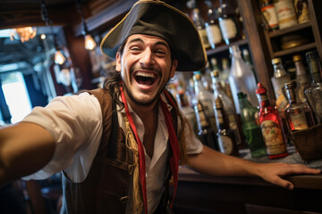 Naklejka premium Portrait of a man bartender wearing a pirate costume in a pirate bar