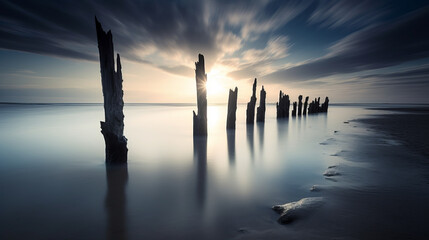 Wood posts in twilight landscape like ethereal sculptures, long exposure shot - obrazy, fototapety, plakaty