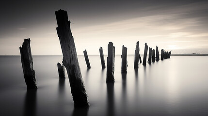 Wood posts in twilight landscape like ethereal sculptures, long exposure shot