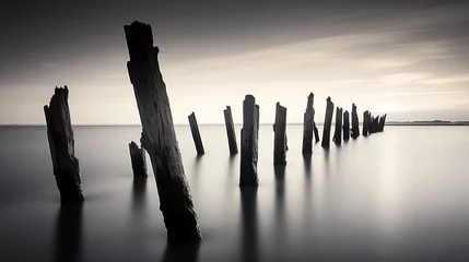 Foto auf Leinwand Wood posts in twilight landscape like ethereal sculptures, long exposure shot © Keitma