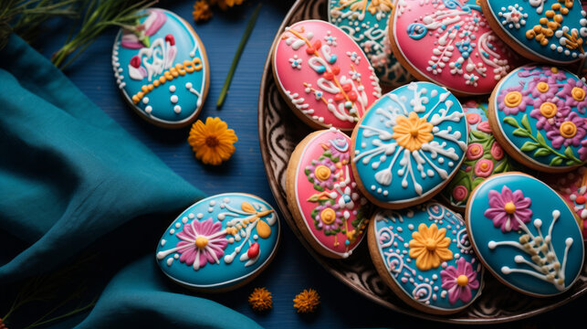 Colorful Easter cookies in the shape of colorful painted easter eggs