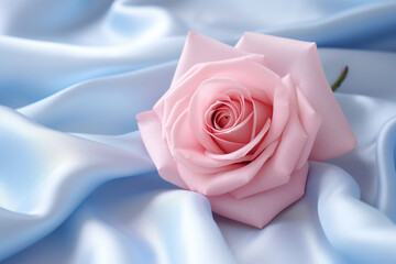 pink rose close up on blue silk