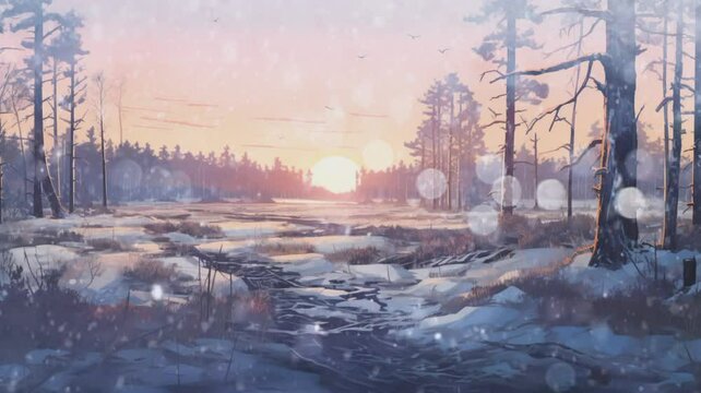 Winter river forest scene with snowfall in the middle of sunrise Seamless looping time-lapse animation background. Generative AI

