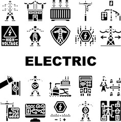 electric grid energy power icons set vector. transmission high, tower industry technology plant, pole voltage, solar, wind electric grid energy power glyph pictogram Illustrations