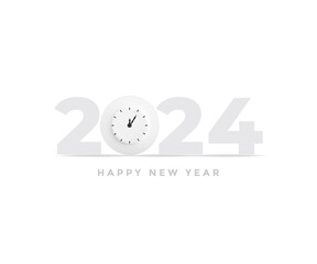 Happy New Year 2024 concept for  Ceramic, Tiles, Restaurant isolated on background. Food plate with clock new year concept