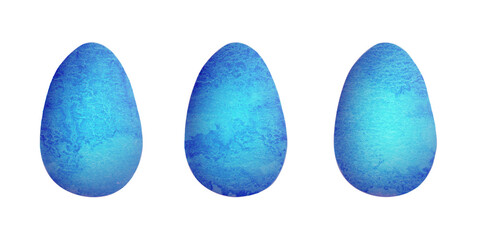 Blue Easter eggs, watercolor with gradient. Texture of the paint, natural bright eggs.