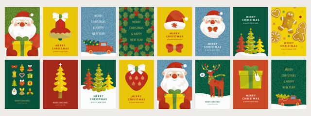 Merry Christmas and happy new year vector greeting card template set with cartoon santa, reindeer, gift box and snowman. Festive background collection in simple modern flat style