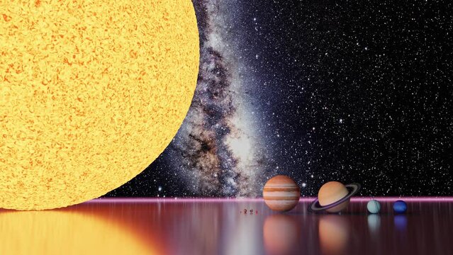 Solar System planets and sun size comparison scale with the Milky Way galaxy in the background - 3d Illustration