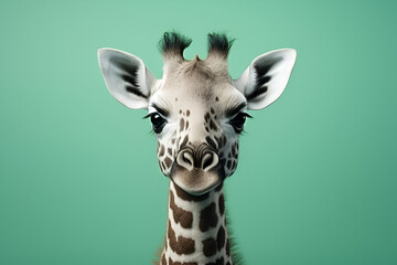 Obraz premium portrait of a giraffe on a green background, the animal's head is straight. full face.