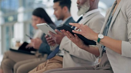 Interview queue, waiting room and hands on tablet, typing or scroll for business people, app or networking. Men, women and touchscreen for research, application or ready for recruitment, hr or email
