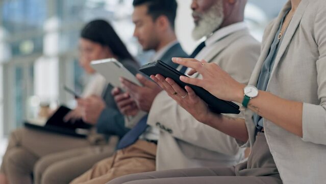 Interview queue, waiting room and hands on tablet, typing or scroll for business people, app or networking. Men, women and touchscreen for research, application or ready for recruitment, hr or email