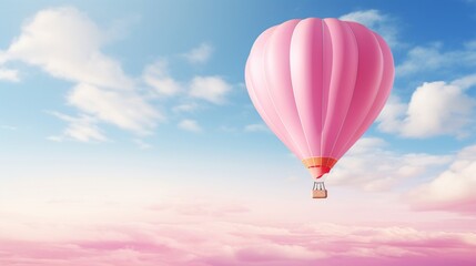 a pink hot air balloon, gently gliding through the sky, its pastel tones reflecting the soft sunlight, with the backdrop of a clear blue sky enhancing its beauty, set against a spotless white surface.