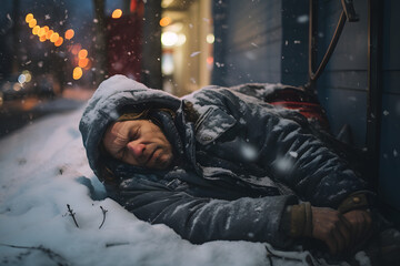 Homeless man in winter clothes lies on the city street in frost and snowfall, frozen, drizzle, drunk, alcohol - obrazy, fototapety, plakaty