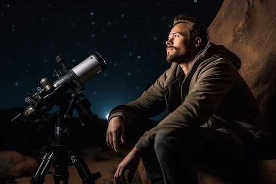 Handsome man looking through a telescope in the desert at night