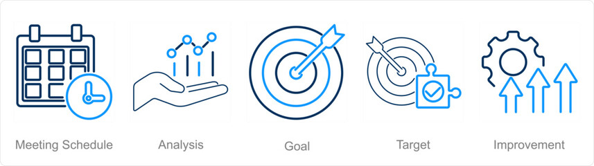 A set of 5 Action plan icons as meeting schedule, analysis, goal - obrazy, fototapety, plakaty