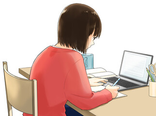 パソコン、勉強、若い女性、白背景