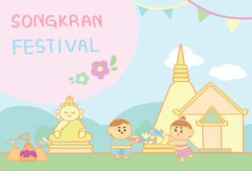 People enjoy play Songkran at the temple cartoon style. - obrazy, fototapety, plakaty
