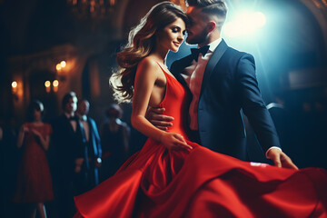 Lovely Happy Couple dancing. Woman in red Dress and Man in Black Suit with Bow Tie. Flying silk...