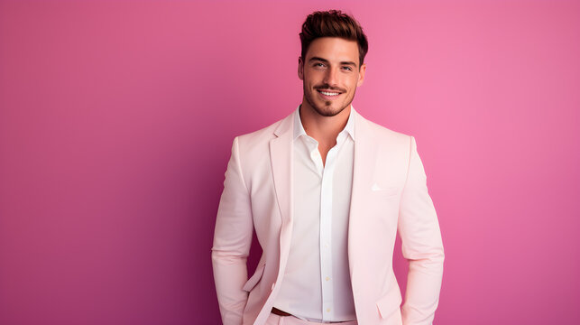Image of a handsome young man wearing a white groom's suit, standing and smiling on a pink background.