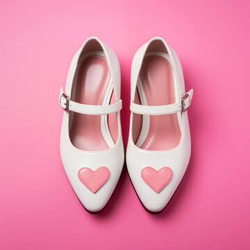 girls white leather shoes with hearts isolated on plain pink studio background