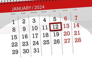 Calendar 2024, deadline, day, month, page, organizer, date, January, friday, number 12