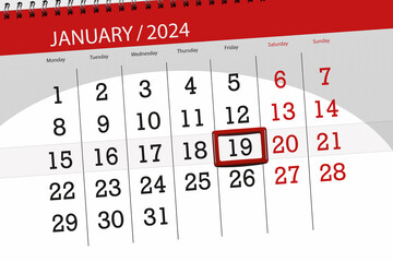 Calendar 2024, deadline, day, month, page, organizer, date, January, friday, number 19