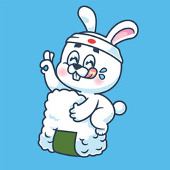 Cartoon cute rabbit holding japanese onigiri