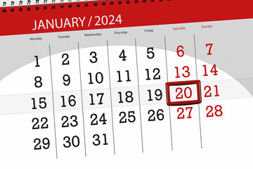 Calendar 2024, deadline, day, month, page, organizer, date, January, saturday, number 20