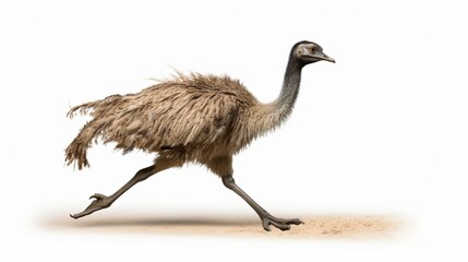 an emu in motion, highlighting its graceful movements and long strides, perfectly isolated against a clean white background.