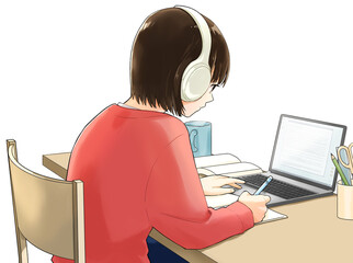 勉強する若い女性、パソコン、ヘッドホン、白背景