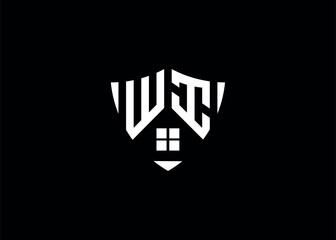 Real estate letter WI shield shape logo and house building vector template.