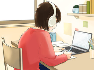 勉強する若い女性、パソコン、ヘッドホン