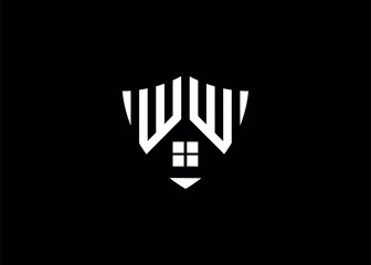Real estate letter WW shield shape logo and house building vector template