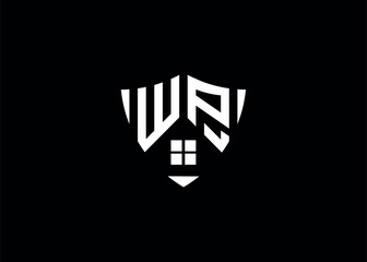 Real estate letter WP shield shape logo and house building vector template.