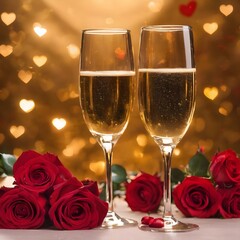 Valentine's day card, two glasses of champagne on a gold background red roses and a red heart, a lighted candle.