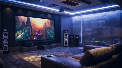 Install a custom media wall with built-in speakers providing an immersive entertainment experience - obrazy, fototapety, plakaty