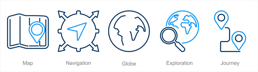 A set of 5 Adventure icons as map, navigation, globe