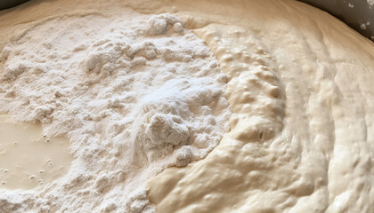 Top view of the dough preparation and fermentation process, natural and organic, artisan bakery
