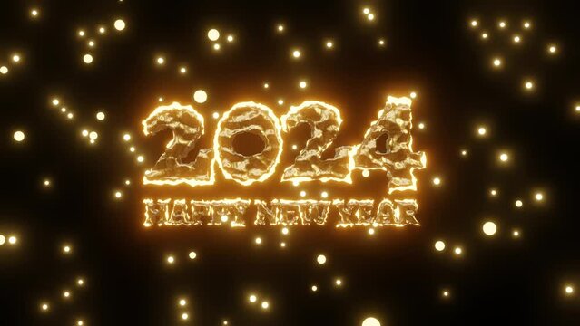 The 2024 New Year Background is golden and lit up with stars shining in the dark of the night. 3d animation enters a new life