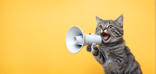 A funny cat holding a loudspeaker and screaming