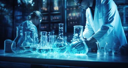group of scientists working in lab on blue flasks - obrazy, fototapety, plakaty