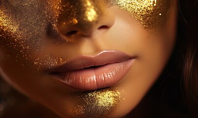 A close up of a woman's face with gold lipstick