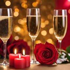 Valentine's day card, two glasses of champagne on a gold background red roses and a red heart, a lighted candle.