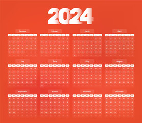 Dark orange minimalist 2024 new year calendar date template design with accurate date format