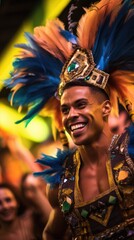 A charismatic Brazilian male dancer grooving at a vibrant carnival, sizzling energy, cultural celebration, dynamic dance moves, festive atmosphere, lively colors, Brazilian spirit, rhythmic vibes