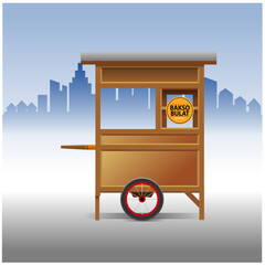 Vector illustration, a two-wheeled meatball cart, booth or typical Indonesian food stall is usually pushed or pulled by the seller around the neighborhood to sell his meatball wares.