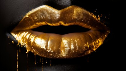 bold glamour: elegant gold lips against a stylish black background - chic wallpaper concept - obrazy, fototapety, plakaty