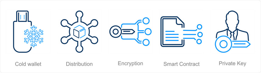 Fototapeta premium A set of 5 Blockchain icons as cold wallet, distribution, encryption