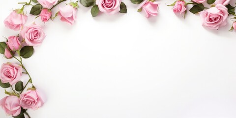 Flat lay Decorative frame with pink bright roses on white background